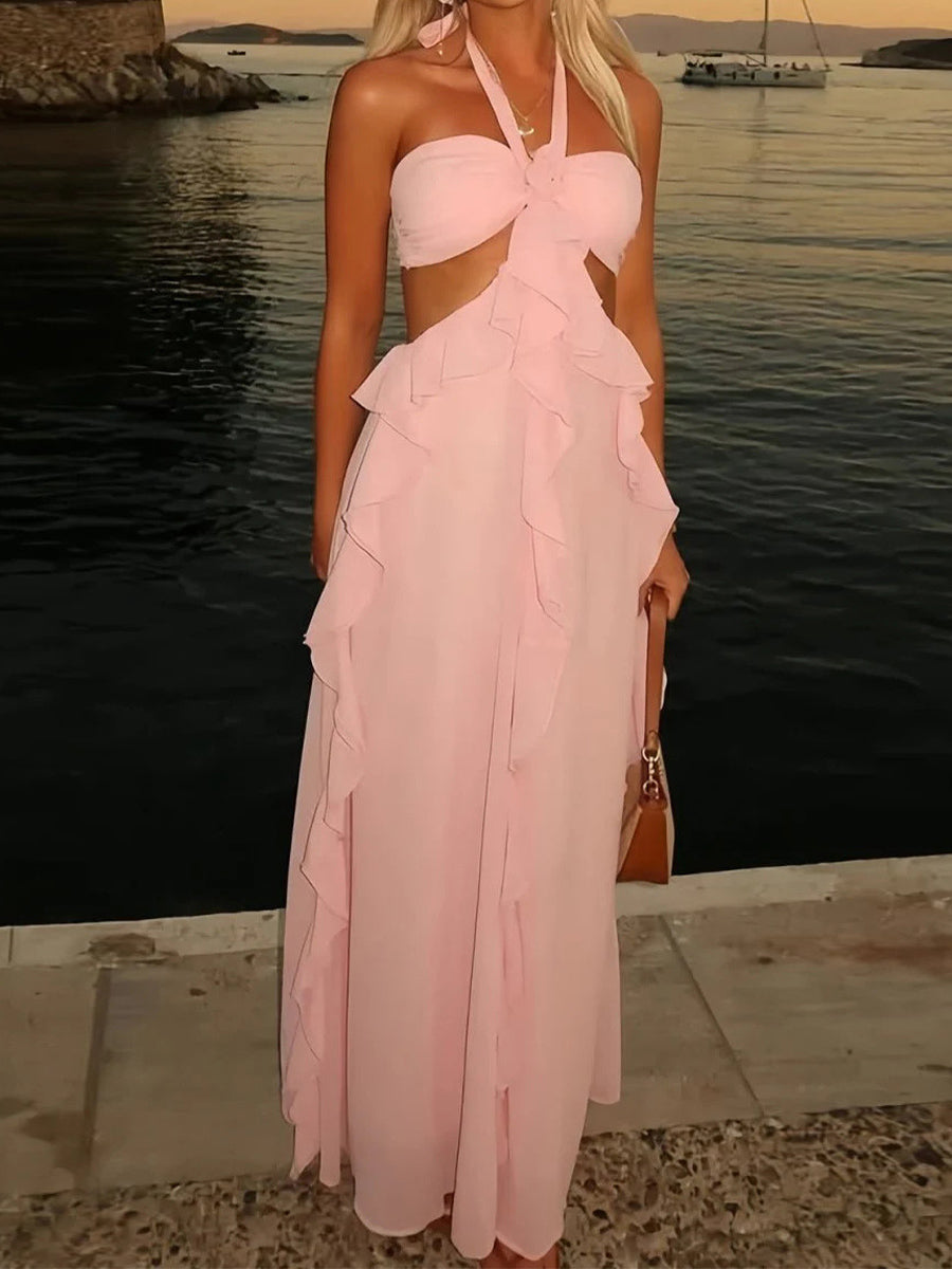 A-line Halter Ruffles Floor-Length Chiffon Prom Dress