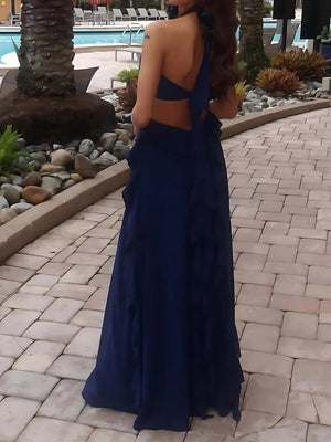 A-line Halter Ruffles Floor-Length Chiffon Prom Dress