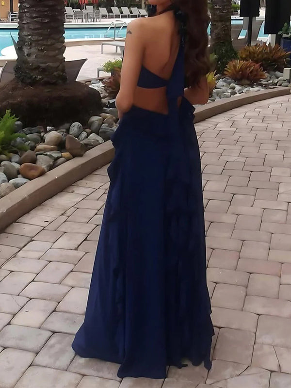 A-line Halter Ruffles Floor-Length Chiffon Prom Dress