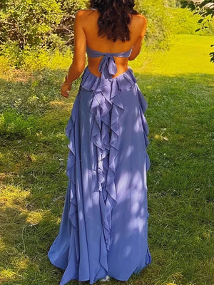 A-line Halter Ruffles Floor-Length Chiffon Prom Dress