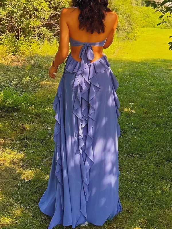 A-line Halter Ruffles Floor-Length Chiffon Prom Dress