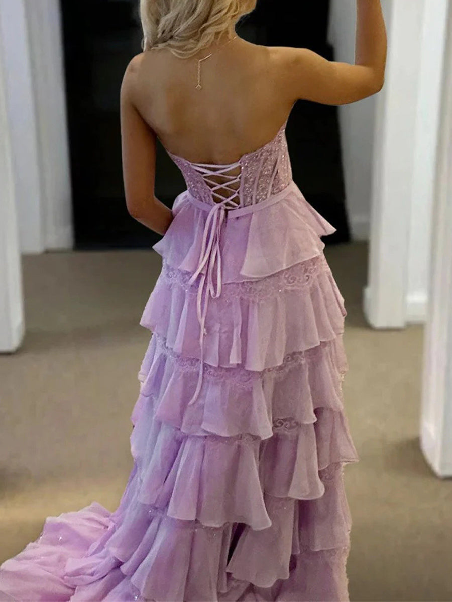 A-line Sweetheart Cascading Ruffles Sweep Train Chiffon Corset Prom Dress