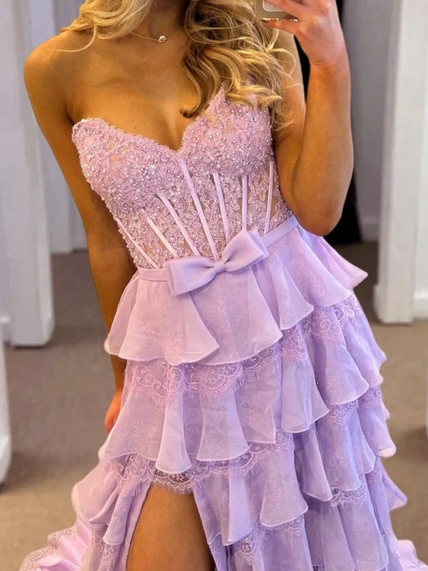 A-line Sweetheart Cascading Ruffles Sweep Train Chiffon Corset Prom Dress