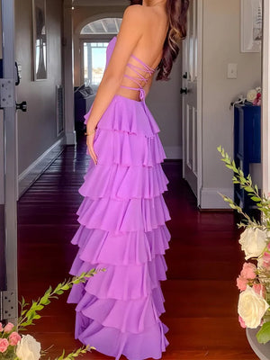 A-line Straight Cascading Ruffles Floor-Length Chiffon Corset Prom Dress