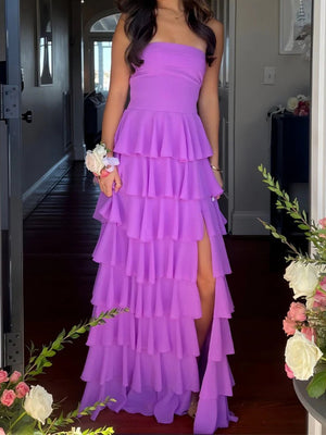 A-line Straight Cascading Ruffles Floor-Length Chiffon Corset Prom Dress
