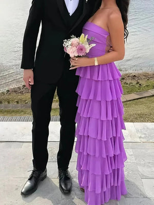 A-line Straight Cascading Ruffles Floor-Length Chiffon Corset Prom Dress