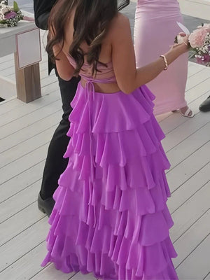 A-line Straight Cascading Ruffles Floor-Length Chiffon Corset Prom Dress