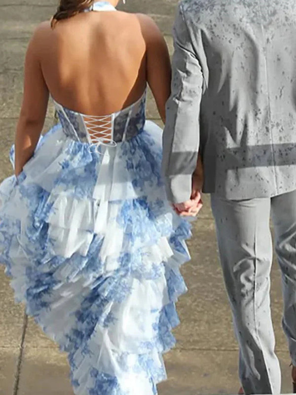 A-line Halter Cascading Ruffles Sweep Train Corset Prom Dress