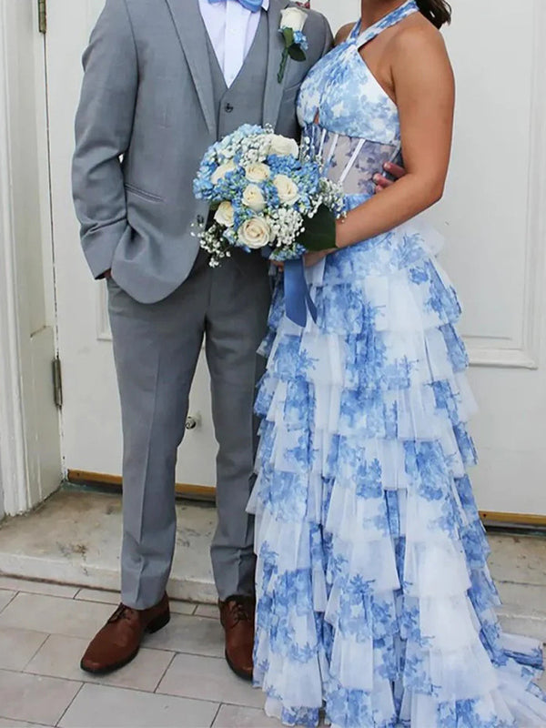 A-line Halter Cascading Ruffles Sweep Train Corset Prom Dress