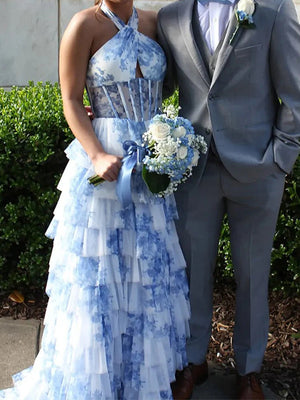 A-line Halter Cascading Ruffles Sweep Train Corset Prom Dress
