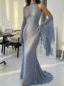Sheath Halter Appliques Lace Sweep Train Lace Corset Prom Dress