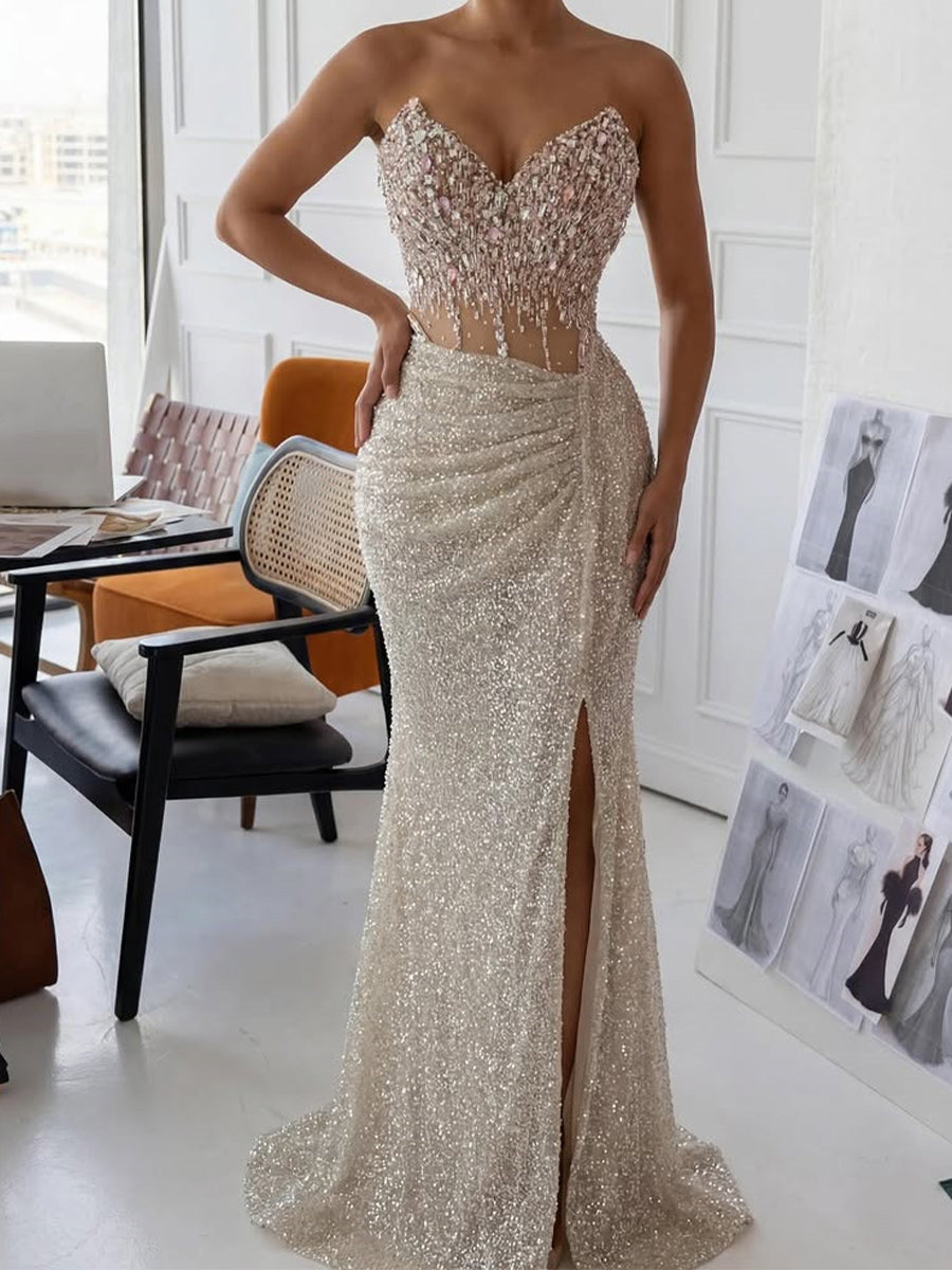 Sheath Sweetheart Rhinestone Sweep Train Tulle Prom Dress