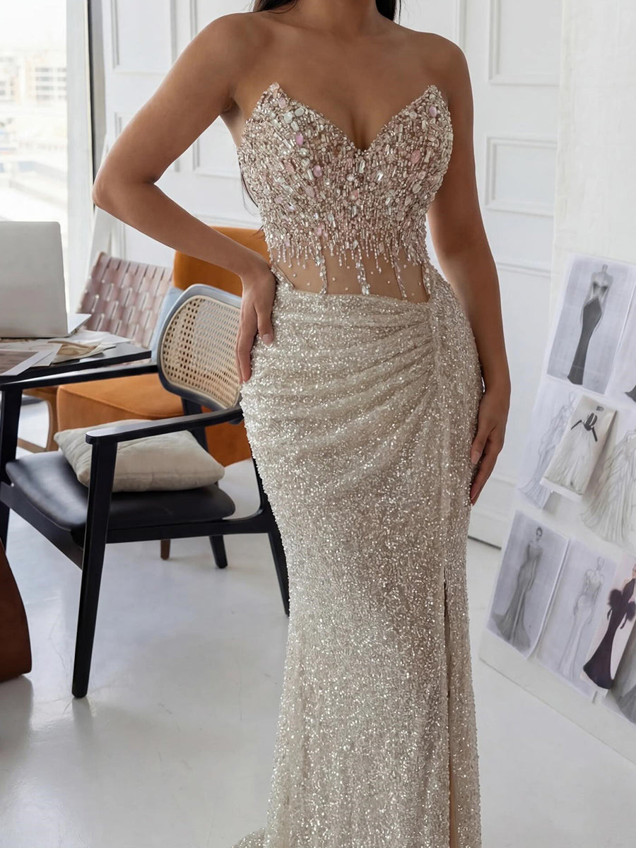 Sheath Sweetheart Rhinestone Sweep Train Tulle Prom Dress