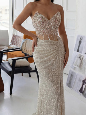 Sheath Sweetheart Rhinestone Sweep Train Tulle Prom Dress