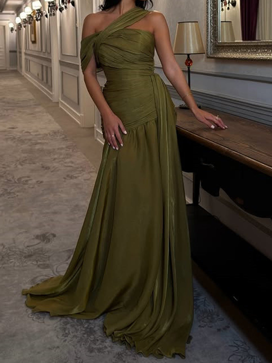 A-line One-Shoulder Pleated Sweep Train Corset Prom Dress