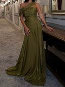 A-line One-Shoulder Pleated Sweep Train Corset Prom Dress
