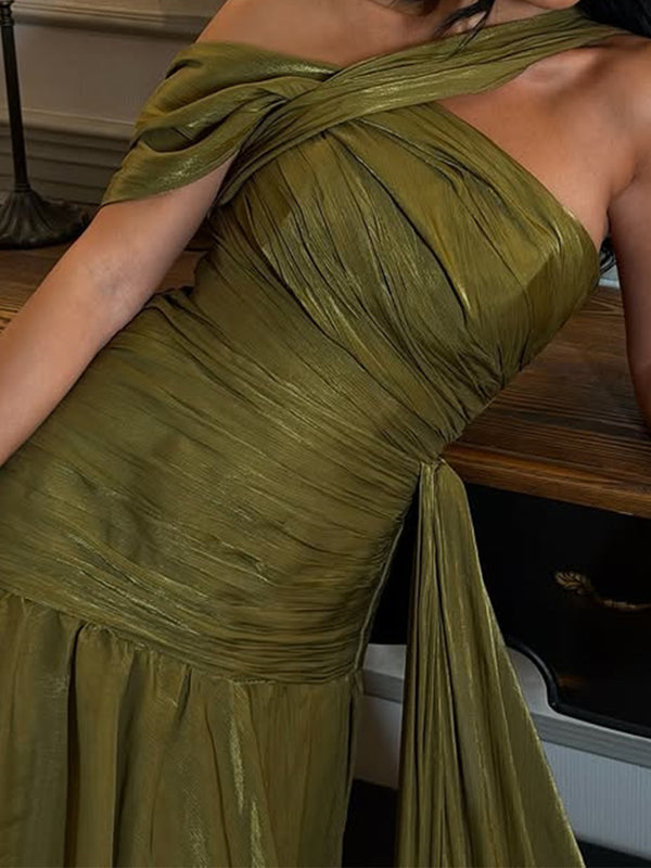 A-line One-Shoulder Pleated Sweep Train Corset Prom Dress