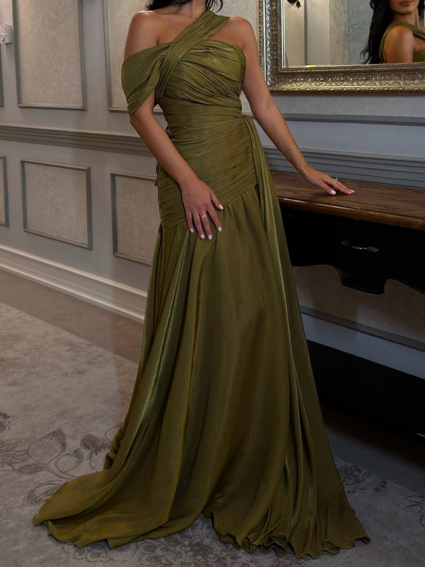 A-line One-Shoulder Pleated Sweep Train Corset Prom Dress