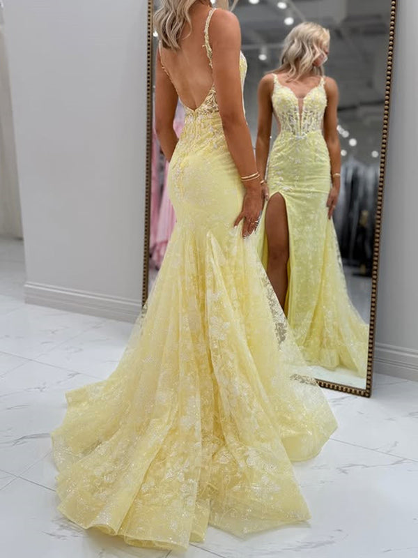 Sheath V-neck Appliques Lace Court Train Tulle Corset Prom Dress