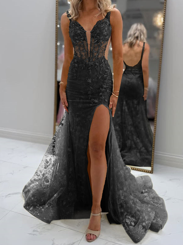 Sheath V-neck Appliques Lace Court Train Tulle Corset Prom Dress