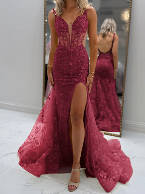 Sheath V-neck Appliques Lace Court Train Tulle Corset Prom Dress
