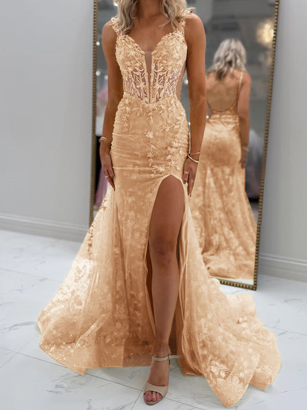 Sheath V-neck Appliques Lace Court Train Tulle Corset Prom Dress