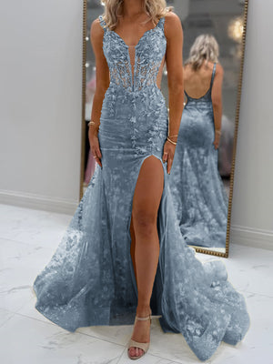 Sheath V-neck Appliques Lace Court Train Tulle Corset Prom Dress