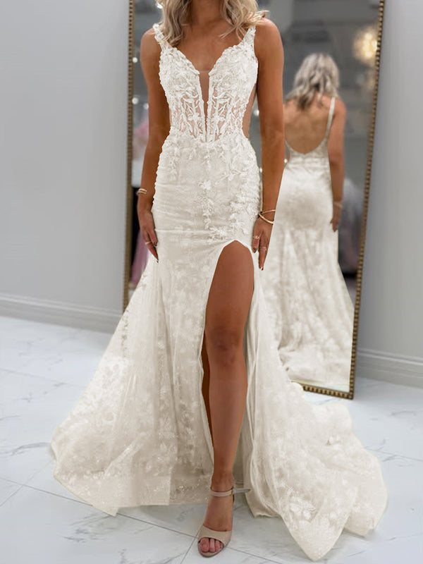 Sheath V-neck Appliques Lace Court Train Tulle Corset Prom Dress