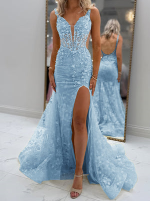 Sheath V-neck Appliques Lace Court Train Tulle Corset Prom Dress