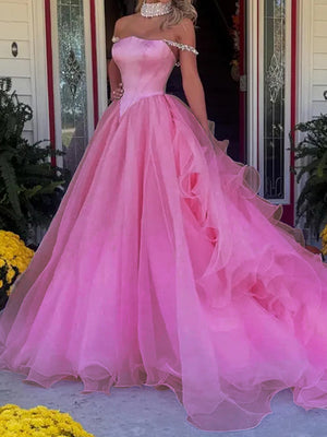 A-line Off-the-Shoulder Ruffles Cathedral Train Organza Corset Prom Dress
