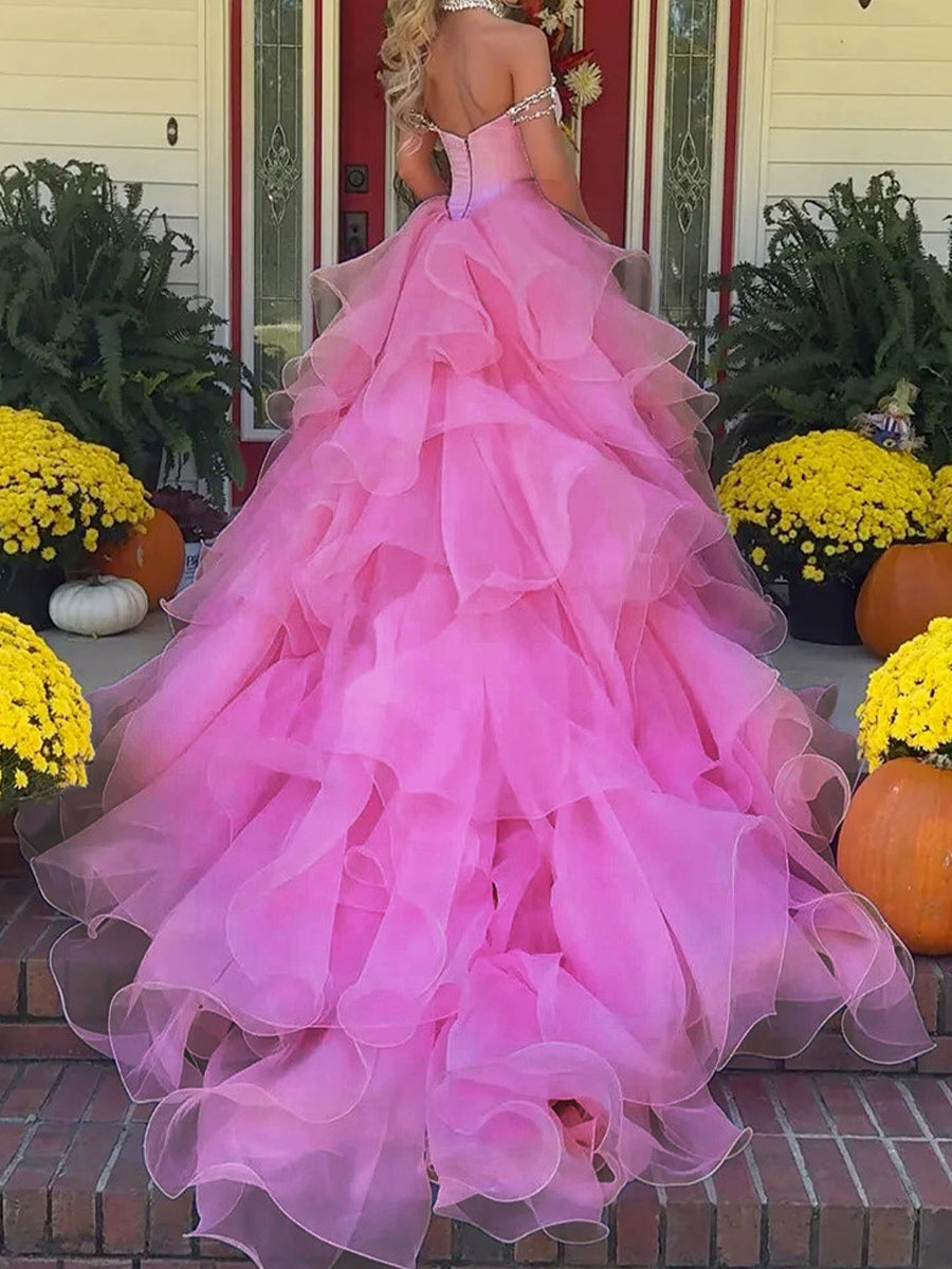 A-line Off-the-Shoulder Ruffles Cathedral Train Organza Corset Prom Dress