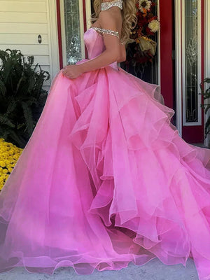 A-line Off-the-Shoulder Ruffles Cathedral Train Organza Corset Prom Dress