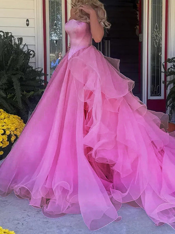 A-line Off-the-Shoulder Ruffles Cathedral Train Organza Corset Prom Dress