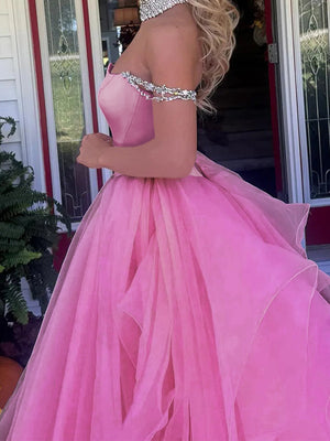 A-line Off-the-Shoulder Ruffles Cathedral Train Organza Corset Prom Dress