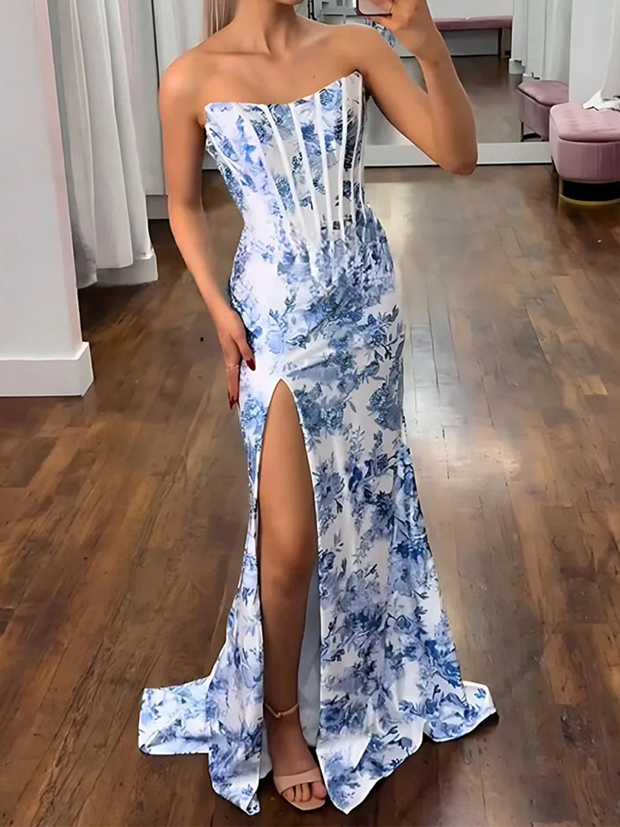 Sheath Straight Sweep Train Corset Prom Dress