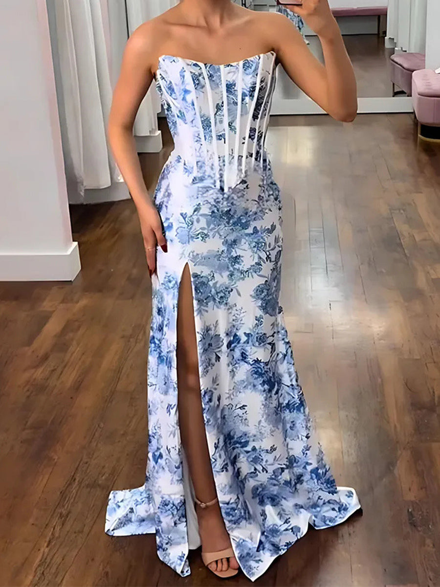 Sheath Straight Sweep Train Corset Prom Dress