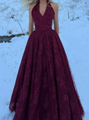 A-line Halter Appliques Lace Floor-Length Tulle Corset Prom Dress