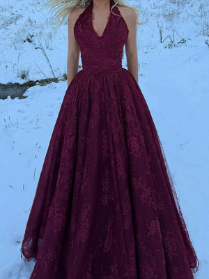 A-line Halter Appliques Lace Floor-Length Tulle Corset Prom Dress