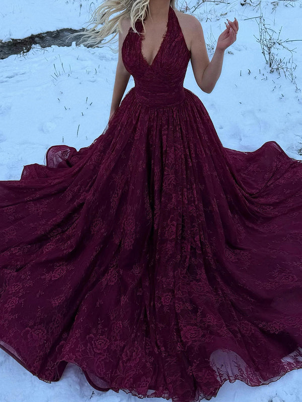 A-line Halter Appliques Lace Floor-Length Tulle Corset Prom Dress