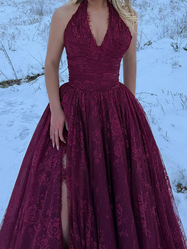 A-line Halter Appliques Lace Floor-Length Tulle Corset Prom Dress