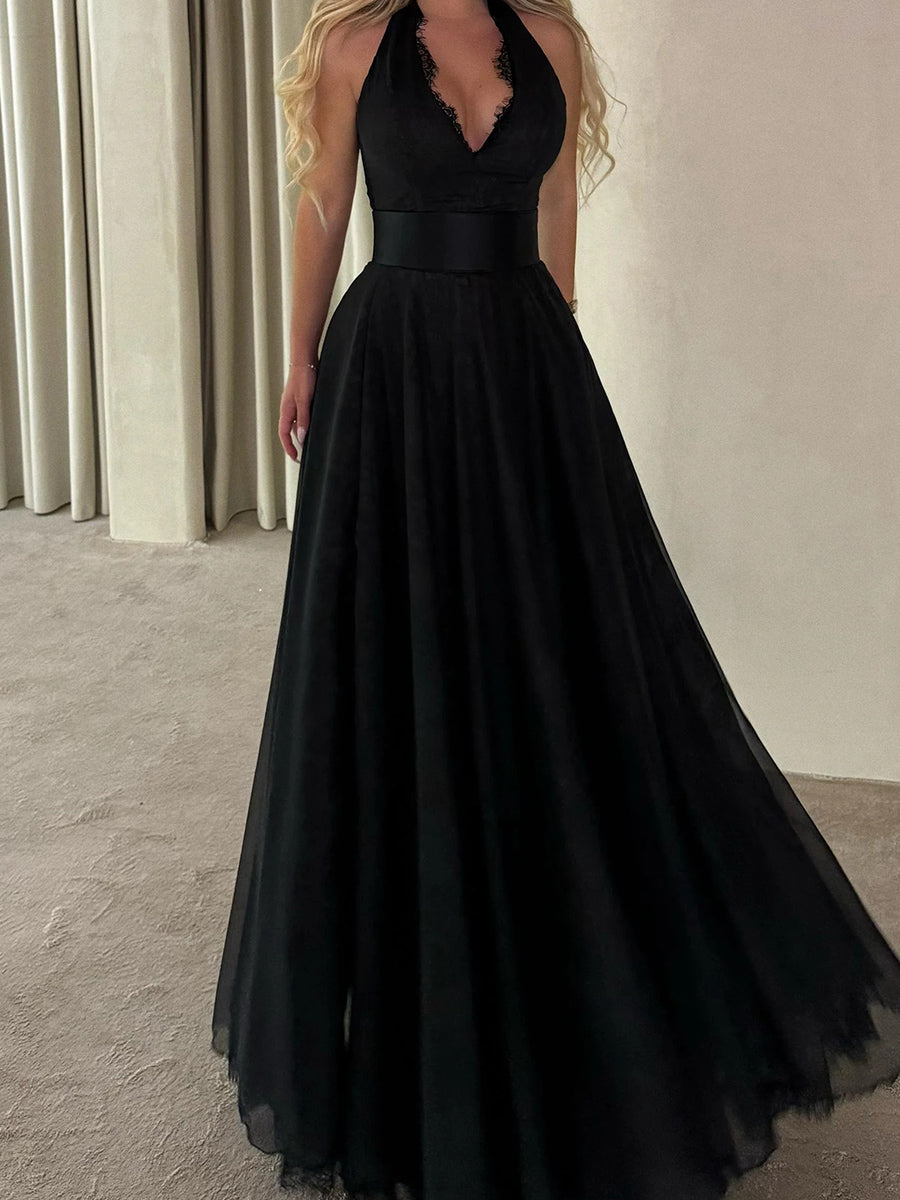 A-line Halter Appliques Lace Floor-Length Satin Corset Prom Dress