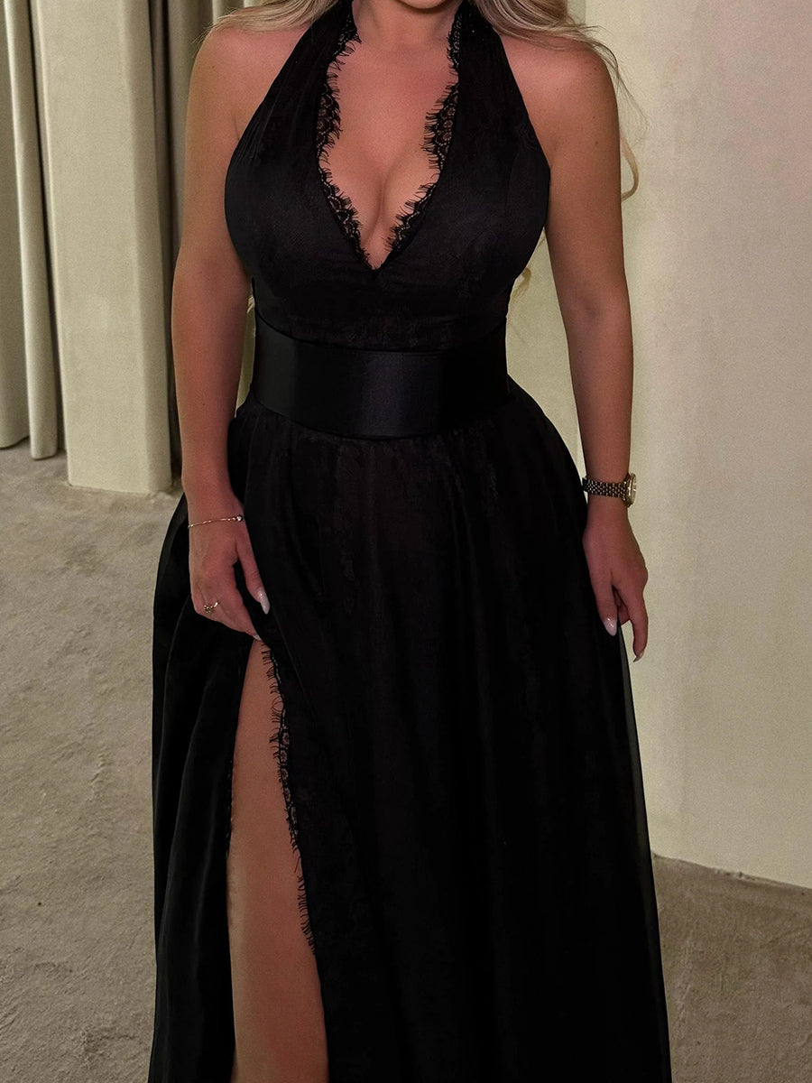 A-line Halter Appliques Lace Floor-Length Satin Corset Prom Dress