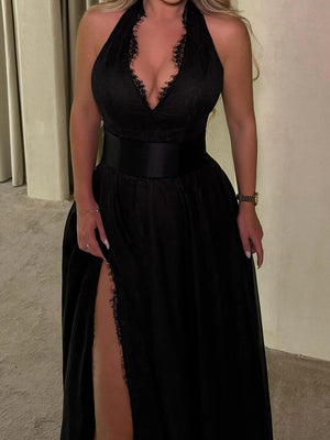 A-line Halter Appliques Lace Floor-Length Satin Corset Prom Dress