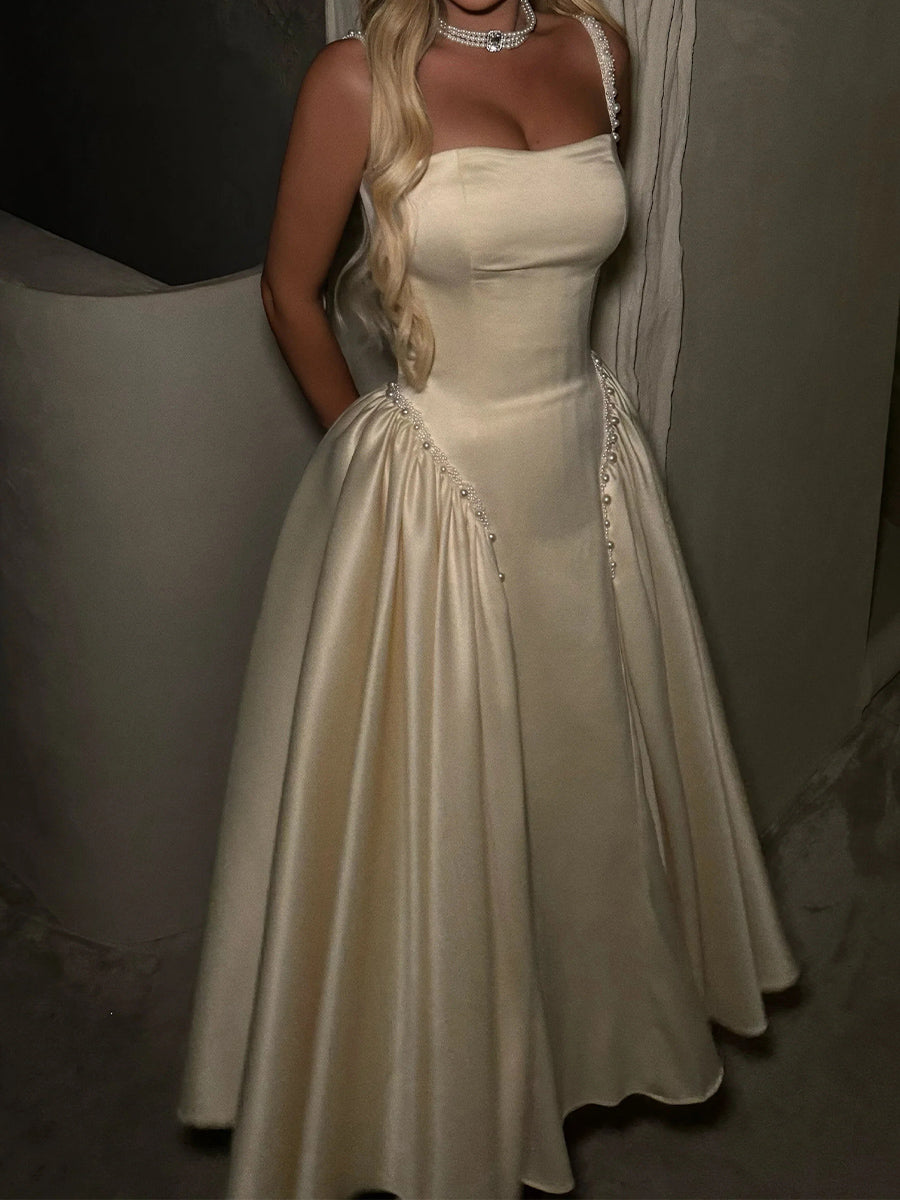 A-line Square Beading Ankle-Length Silk Like Satin Corset Prom Dress