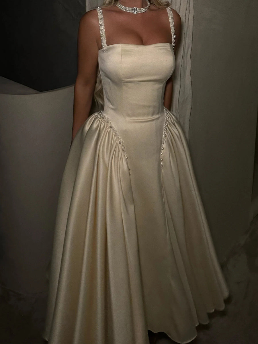 A-line Square Beading Ankle-Length Silk Like Satin Corset Prom Dress