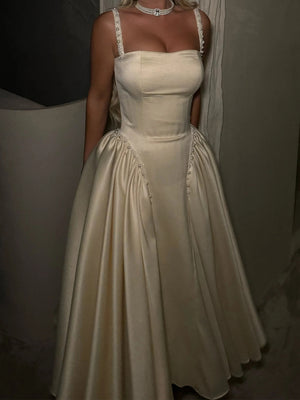 A-line Square Beading Ankle-Length Satin Corset Prom Dress