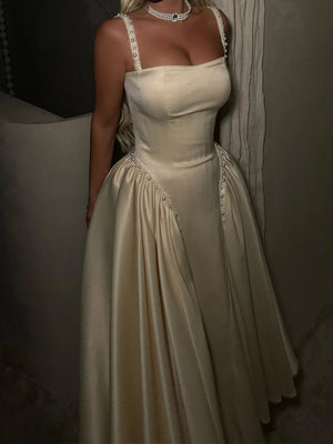 A-line Square Beading Ankle-Length Satin Corset Prom Dress