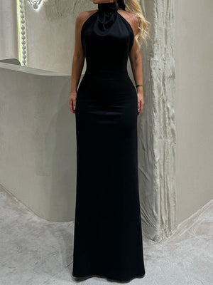 Sheath High Neck Bow Floor-Length Stretch Crepe Prom Dress