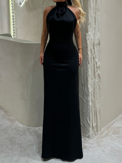 Sheath High Neck Bow Floor-Length Stretch Crepe Prom Dress