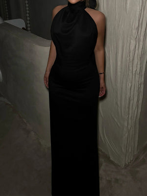 Sheath High Neck Bow Floor-Length Stretch Crepe Prom Dress